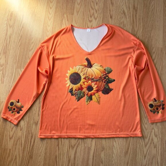 Pumpkin Sunflower Print Long Sleeve V Neck Fall Top Womens Size Large Polyester - Picture 11 of 13